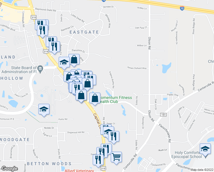 map of restaurants, bars, coffee shops, grocery stores, and more near 2465 Laurelwood Court in Tallahassee
