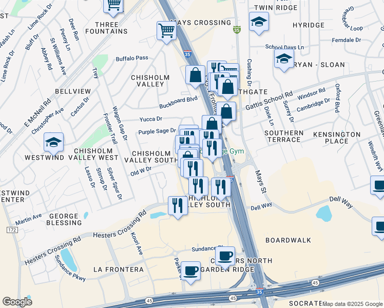 map of restaurants, bars, coffee shops, grocery stores, and more near 2000 South Interstate 35 Frontage Road in Round Rock