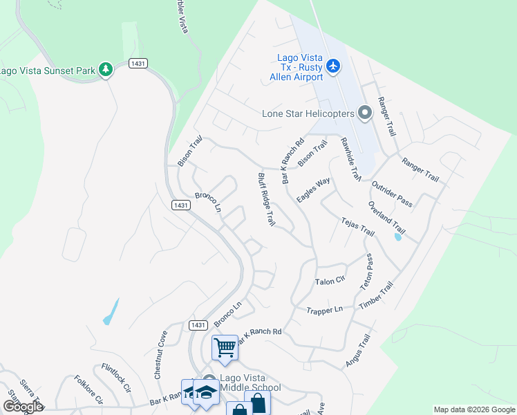 map of restaurants, bars, coffee shops, grocery stores, and more near 8648 Bluff Ridge Trail in Lago Vista