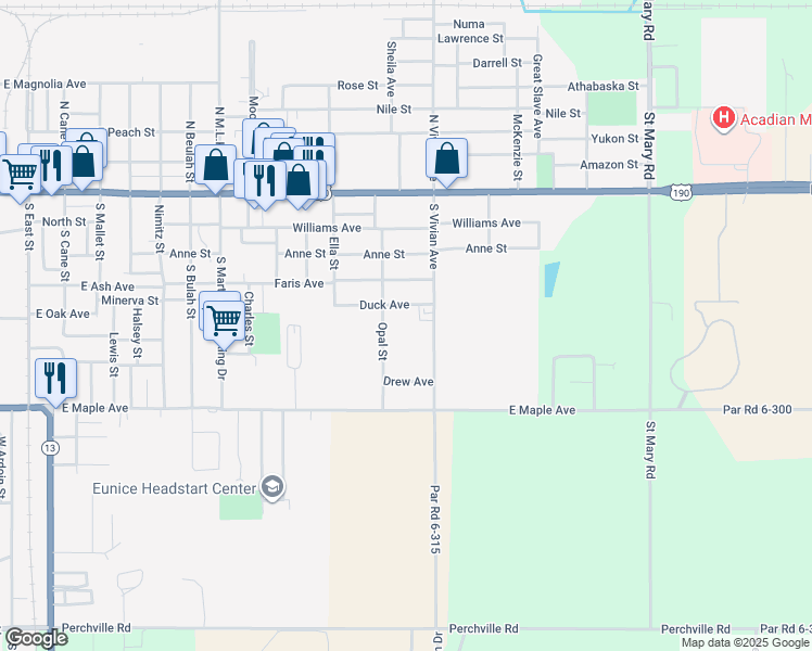 map of restaurants, bars, coffee shops, grocery stores, and more near 1341 Duck Avenue in Eunice