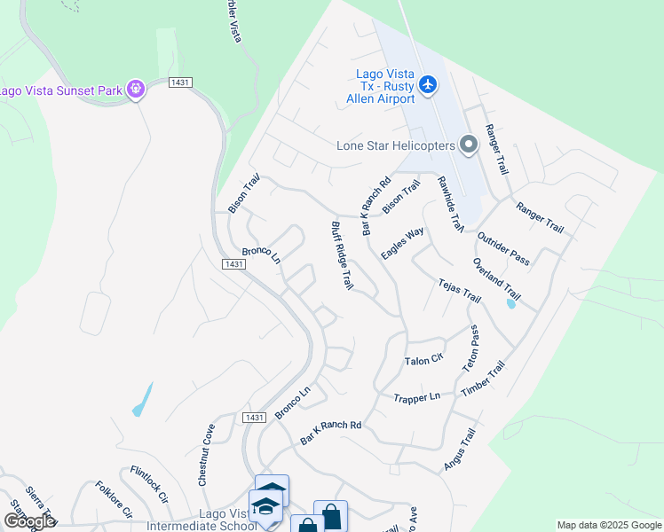 map of restaurants, bars, coffee shops, grocery stores, and more near 8648 Bluff Ridge Trail in Lago Vista