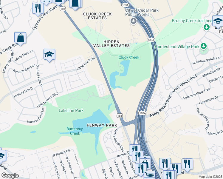 map of restaurants, bars, coffee shops, grocery stores, and more near 1701 South Bell Boulevard in Cedar Park