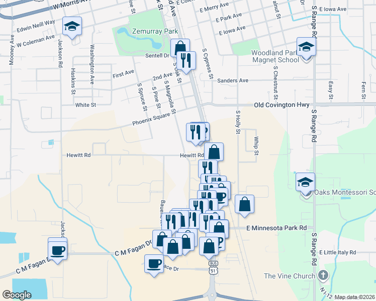map of restaurants, bars, coffee shops, grocery stores, and more near 210 Hewitt Road in Hammond