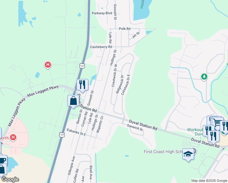 map of restaurants, bars, coffee shops, grocery stores, and more near 13997 Crestwick Drive West in Jacksonville