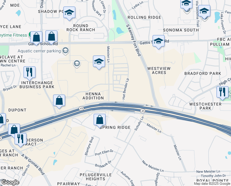 map of restaurants, bars, coffee shops, grocery stores, and more near 2028 Hat Bender Loop in Round Rock