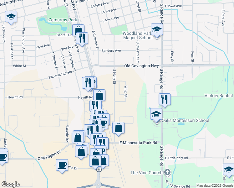 map of restaurants, bars, coffee shops, grocery stores, and more near 1520 Raston Drive in Hammond