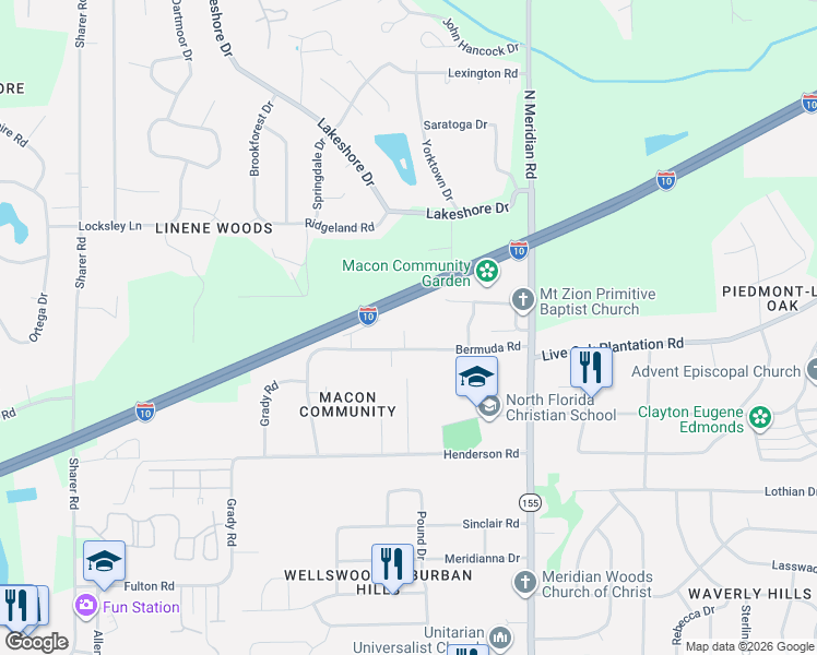 map of restaurants, bars, coffee shops, grocery stores, and more near 262 Bermuda Road in Tallahassee