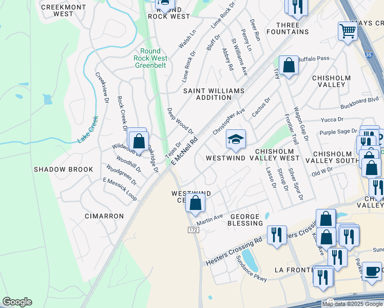 map of restaurants, bars, coffee shops, grocery stores, and more near 1302 Christopher Avenue in Round Rock