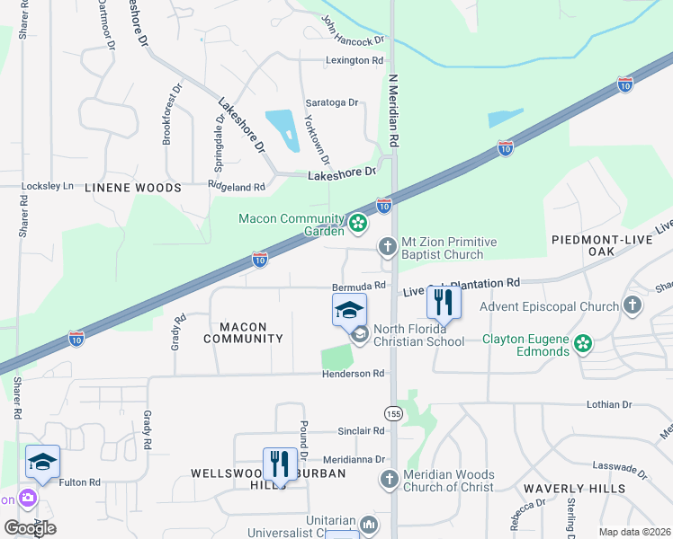 map of restaurants, bars, coffee shops, grocery stores, and more near 3108 Mae Rd in Tallahassee