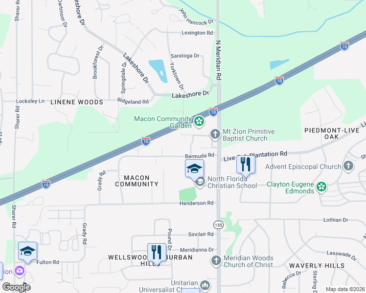 map of restaurants, bars, coffee shops, grocery stores, and more near 3108 Mae Road in Tallahassee