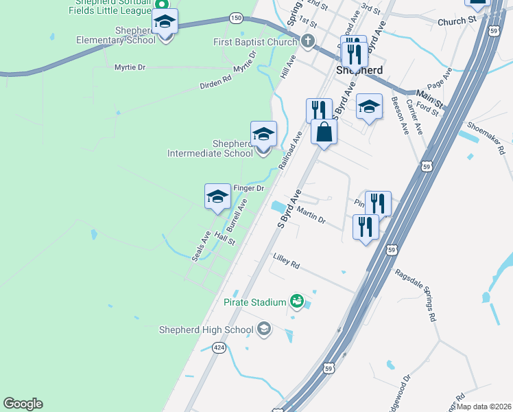 map of restaurants, bars, coffee shops, grocery stores, and more near 610 Railroad Avenue in Shepherd