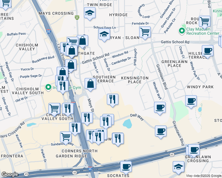 map of restaurants, bars, coffee shops, grocery stores, and more near 2201 Magnolia Drive in Round Rock