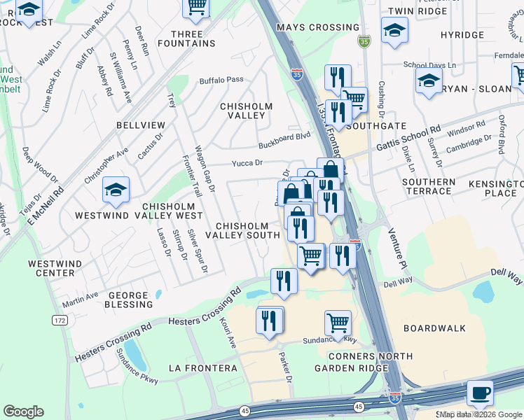 map of restaurants, bars, coffee shops, grocery stores, and more near 2101A Old West Place in Round Rock