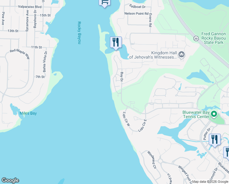 map of restaurants, bars, coffee shops, grocery stores, and more near 47 Marina Cove Drive in Niceville