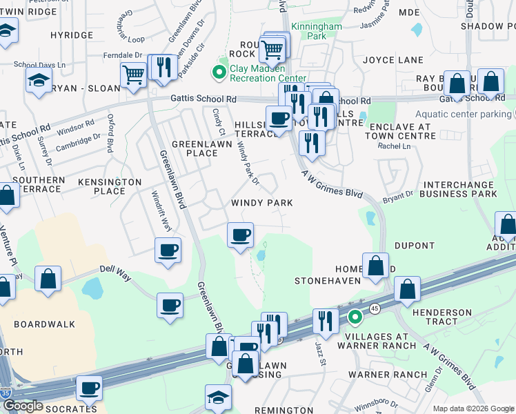 map of restaurants, bars, coffee shops, grocery stores, and more near 1545 Parkfield Circle in Round Rock