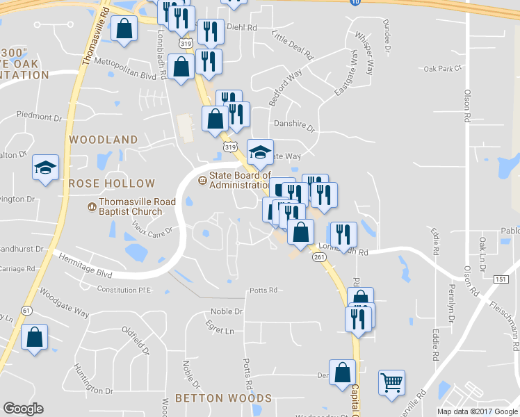 map of restaurants, bars, coffee shops, grocery stores, and more near 2828 Remington Green Circle in Tallahassee