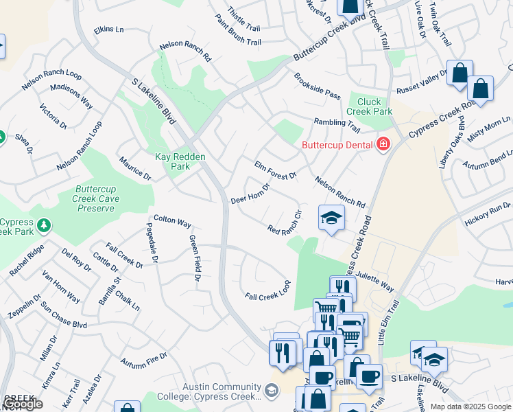 map of restaurants, bars, coffee shops, grocery stores, and more near 1104 Deer Horn Cove in Cedar Park