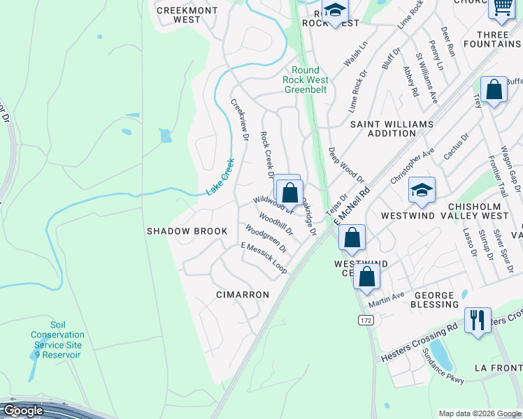 map of restaurants, bars, coffee shops, grocery stores, and more near 1616 Woodhill Drive in Round Rock