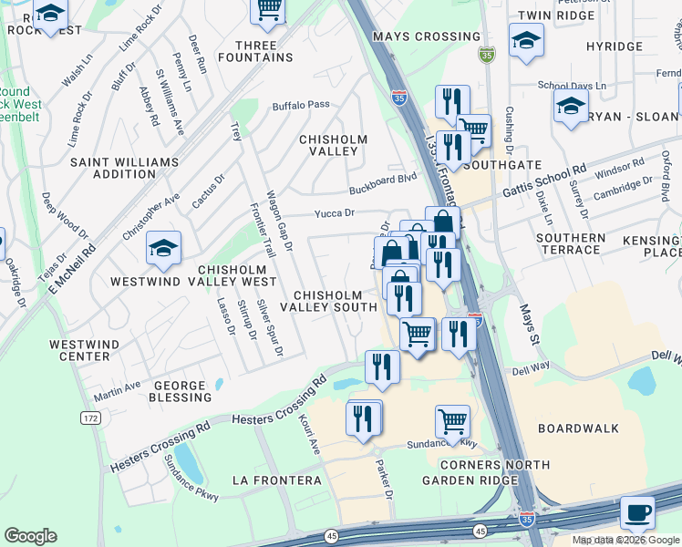 map of restaurants, bars, coffee shops, grocery stores, and more near 2101A Old West Place in Round Rock