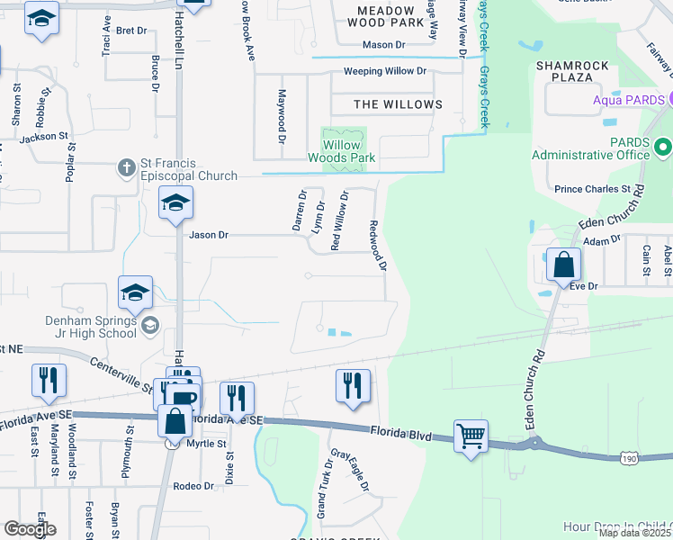 map of restaurants, bars, coffee shops, grocery stores, and more near 9057 Willow Point Drive in Denham Springs