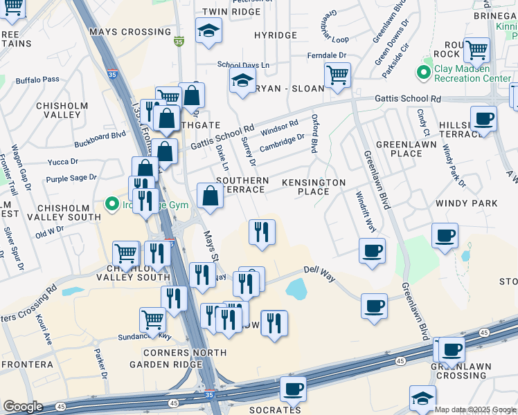 map of restaurants, bars, coffee shops, grocery stores, and more near 2201 Magnolia Drive in Round Rock