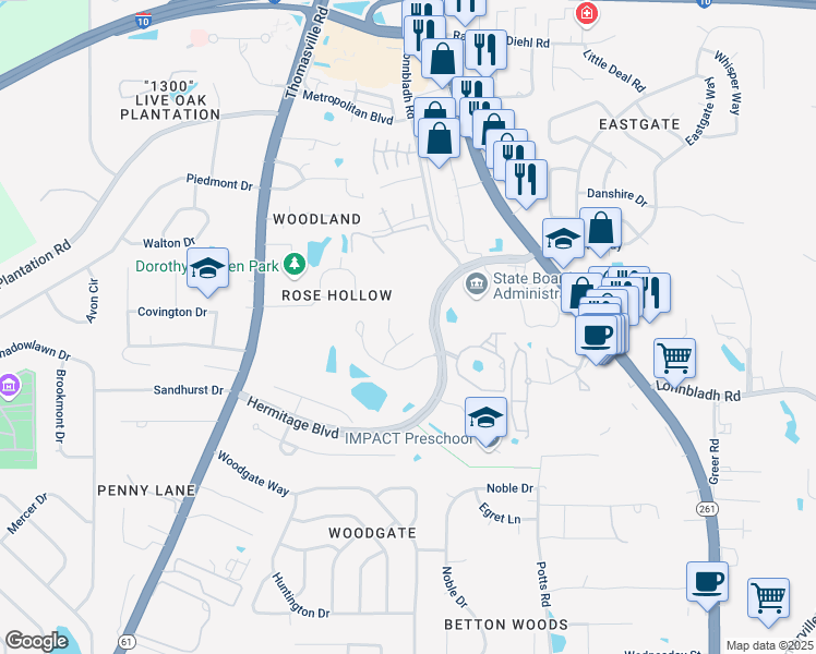 map of restaurants, bars, coffee shops, grocery stores, and more near 1480 Saint Charles Place in Tallahassee