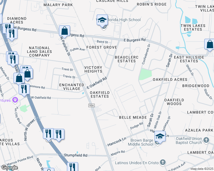 map of restaurants, bars, coffee shops, grocery stores, and more near 191 East Oakfield Road in Pensacola