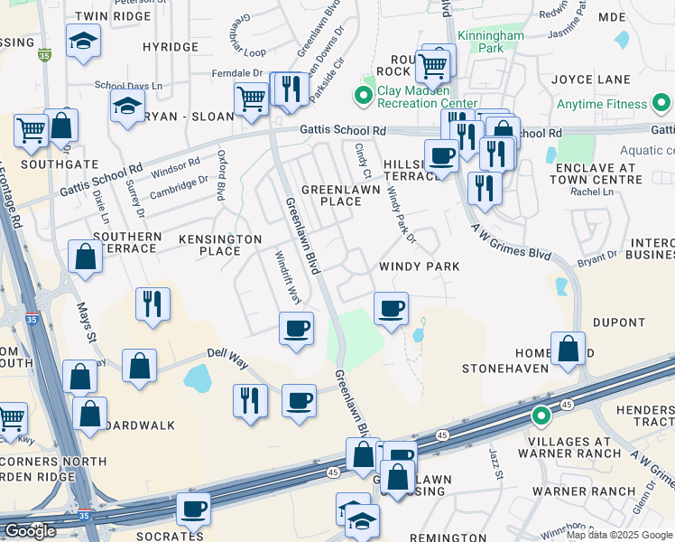 map of restaurants, bars, coffee shops, grocery stores, and more near 2207 Southeastern Trail in Round Rock