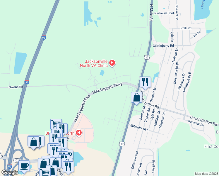 map of restaurants, bars, coffee shops, grocery stores, and more near 15868 Max Leggett Parkway in Jacksonville
