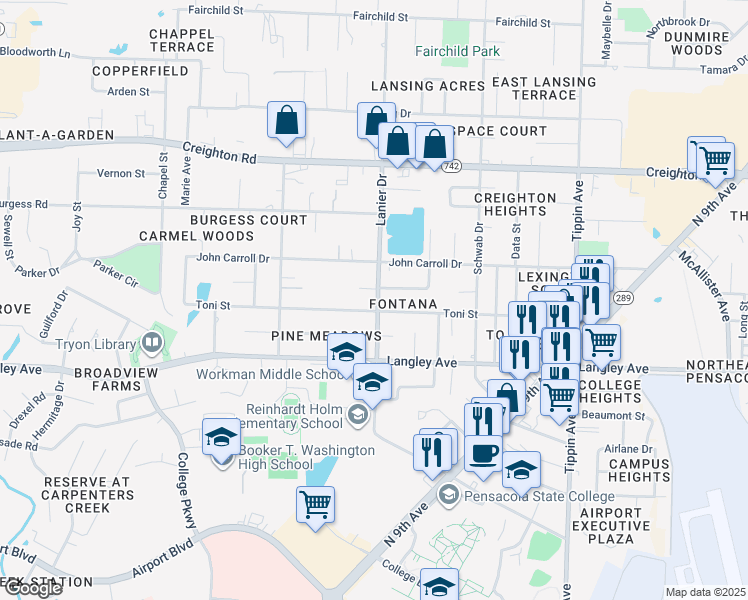 map of restaurants, bars, coffee shops, grocery stores, and more near 6415 Lanier Drive in Pensacola