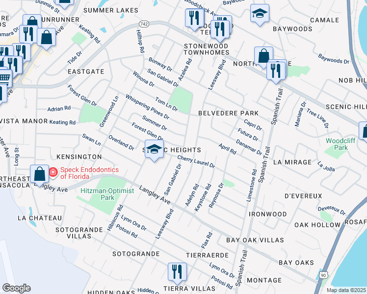 map of restaurants, bars, coffee shops, grocery stores, and more near 5790 San Gabriel Drive in Pensacola