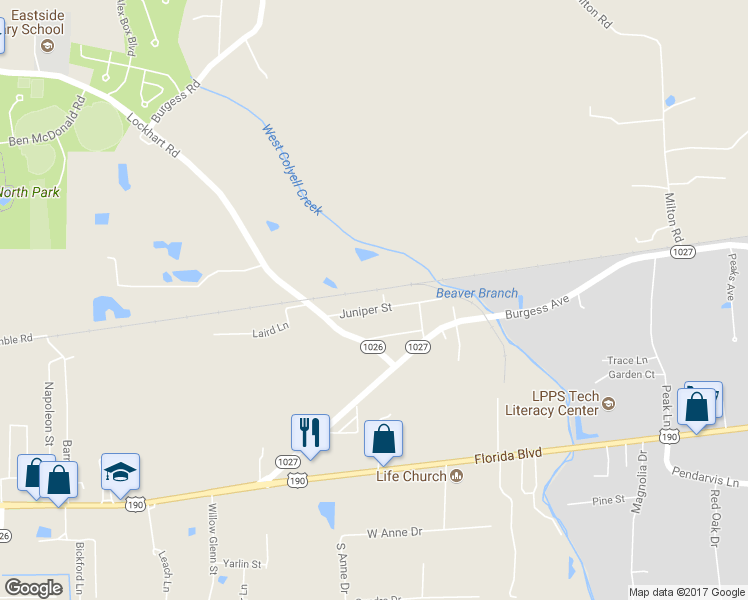 map of restaurants, bars, coffee shops, grocery stores, and more near 11131 Juniper Street in Denham Springs