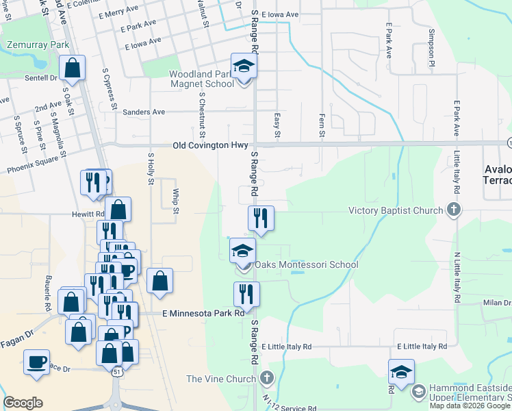 map of restaurants, bars, coffee shops, grocery stores, and more near 17184 Parker Lane in Hammond