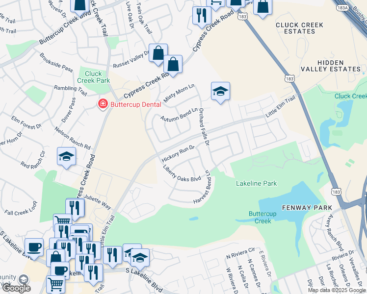 map of restaurants, bars, coffee shops, grocery stores, and more near 509 Hickory Run Drive in Cedar Park