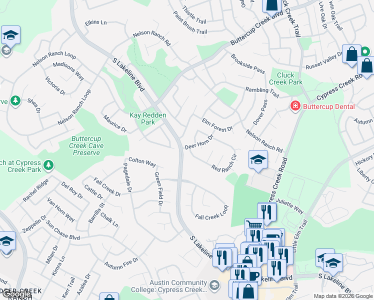 map of restaurants, bars, coffee shops, grocery stores, and more near 1243 Red Ranch Circle in Cedar Park