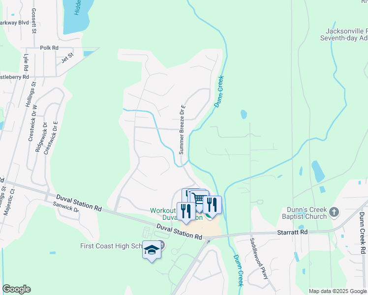 map of restaurants, bars, coffee shops, grocery stores, and more near 14075 Summer Breeze Drive East in Jacksonville