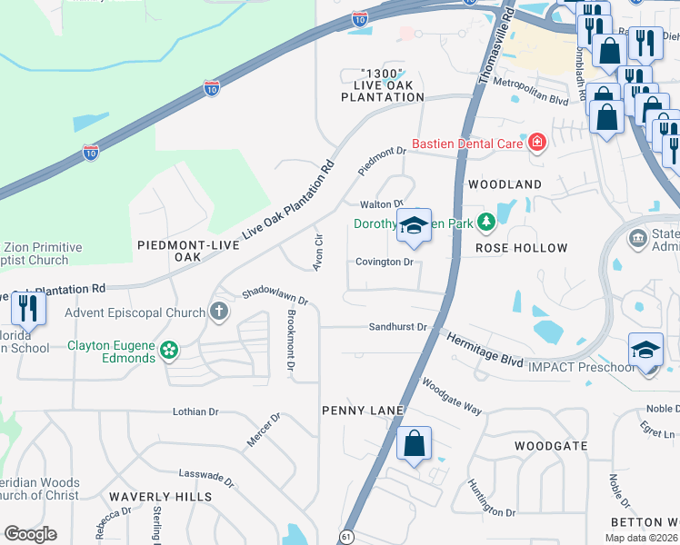 map of restaurants, bars, coffee shops, grocery stores, and more near 3125 Adwood Drive in Tallahassee