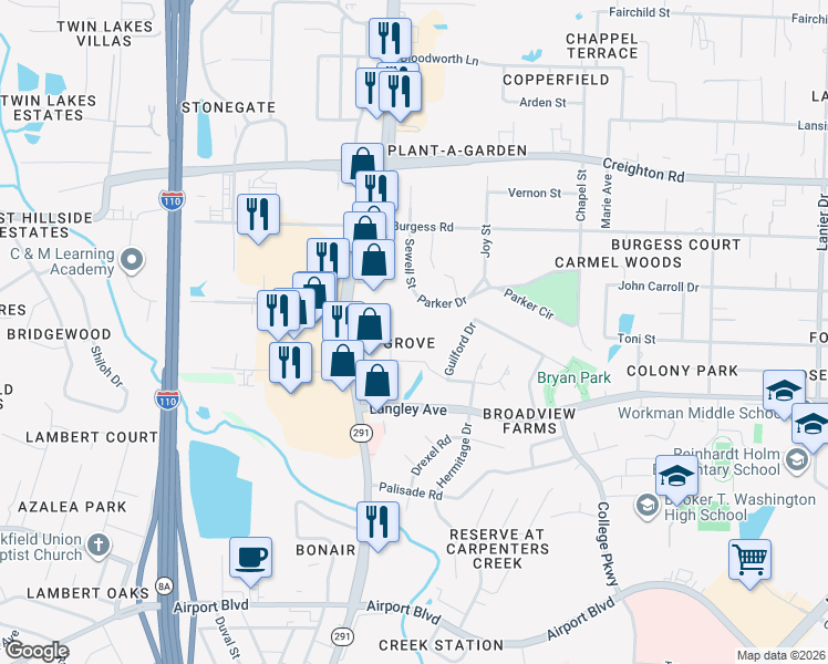 map of restaurants, bars, coffee shops, grocery stores, and more near 511 Parker Drive in Pensacola