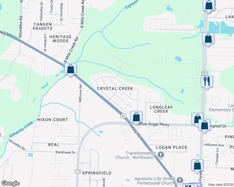 map of restaurants, bars, coffee shops, grocery stores, and more near 6794 Rickwood Drive in Pensacola