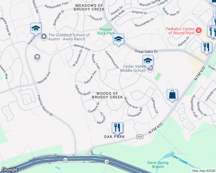 map of restaurants, bars, coffee shops, grocery stores, and more near 15701 Racine Cove in Austin