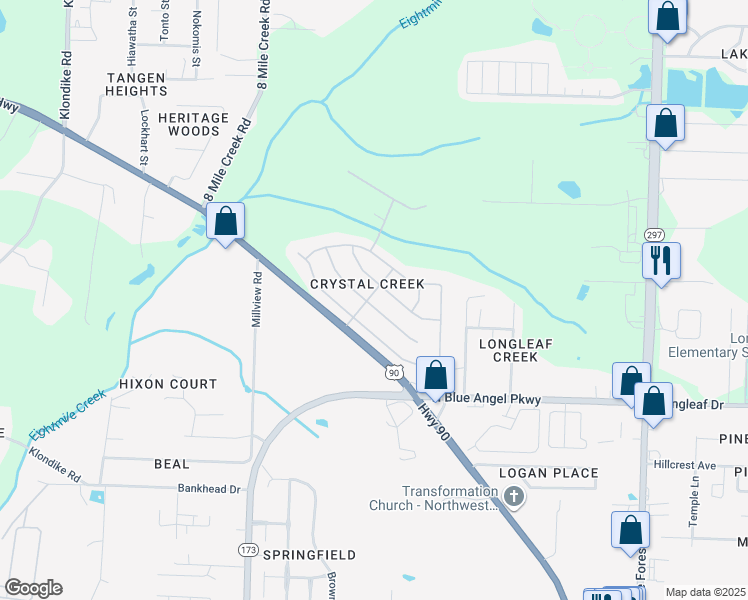 map of restaurants, bars, coffee shops, grocery stores, and more near 6794 Rickwood Drive in Pensacola