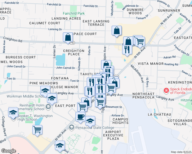 map of restaurants, bars, coffee shops, grocery stores, and more near 6520 Allyn Way in Pensacola