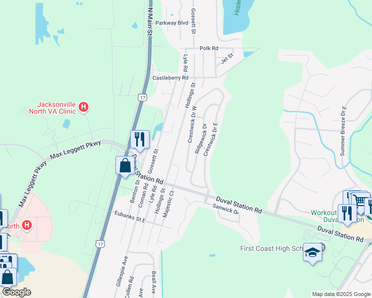 map of restaurants, bars, coffee shops, grocery stores, and more near 14012 Crestwick Drive West in Jacksonville