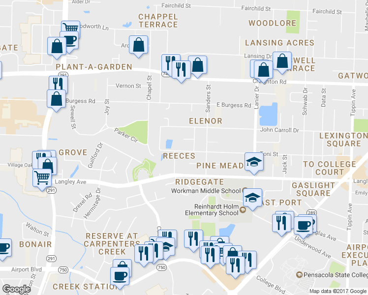 map of restaurants, bars, coffee shops, grocery stores, and more near 1350 Toni Street in Pensacola