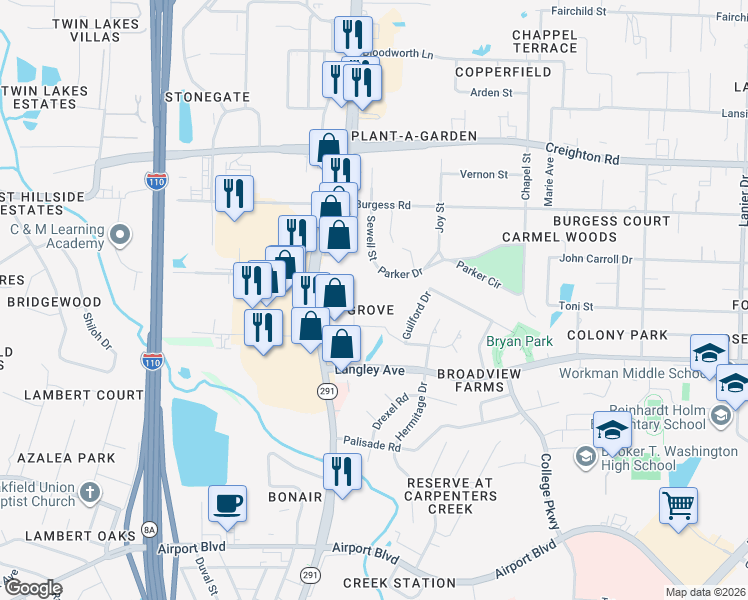 map of restaurants, bars, coffee shops, grocery stores, and more near 511 Parker Drive in Pensacola