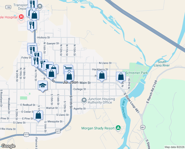map of restaurants, bars, coffee shops, grocery stores, and more near 710 Pecan Street in Junction