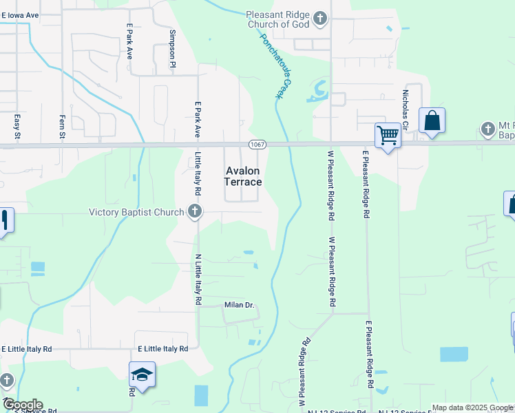 map of restaurants, bars, coffee shops, grocery stores, and more near 17610 Avalon Terrace in Hammond