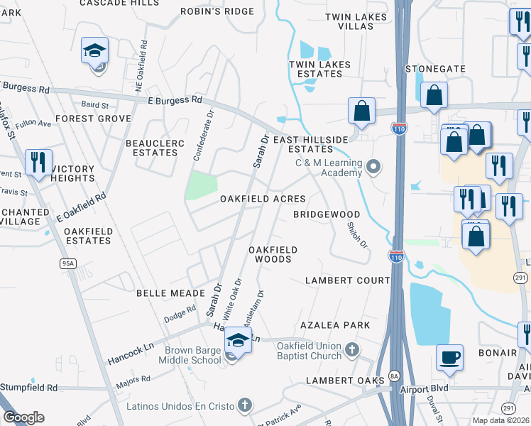 map of restaurants, bars, coffee shops, grocery stores, and more near 6536 White Oak Drive in Pensacola