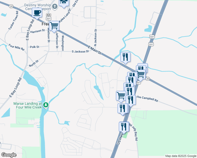 map of restaurants, bars, coffee shops, grocery stores, and more near 63 Lafayette Creek in Freeport