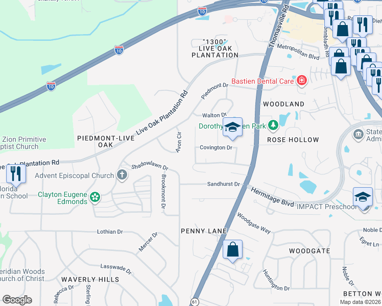 map of restaurants, bars, coffee shops, grocery stores, and more near 3124 Adwood Drive in Tallahassee